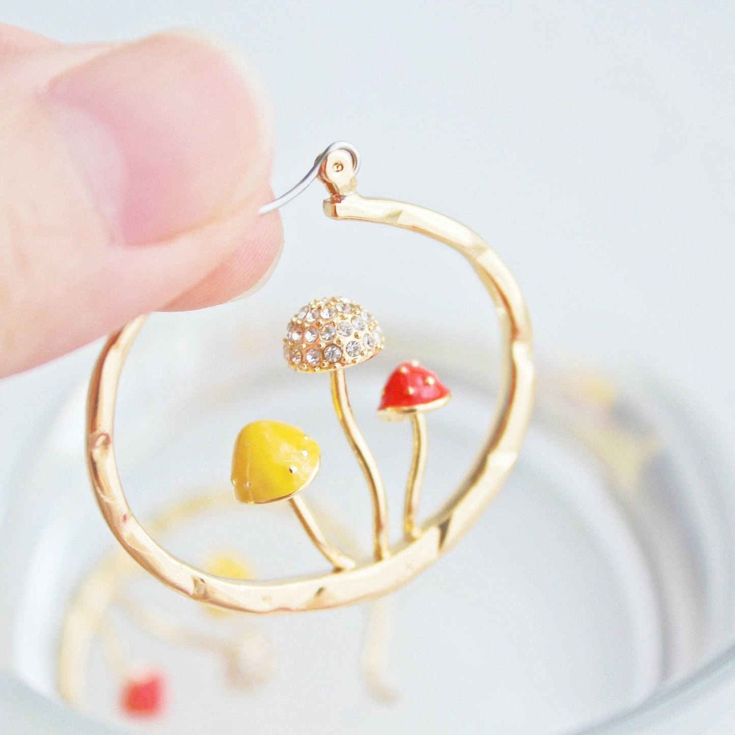 Three Mushrooms in Gold Hoop - Red Fly Agaric Good Luck Earrings-Ninaouity