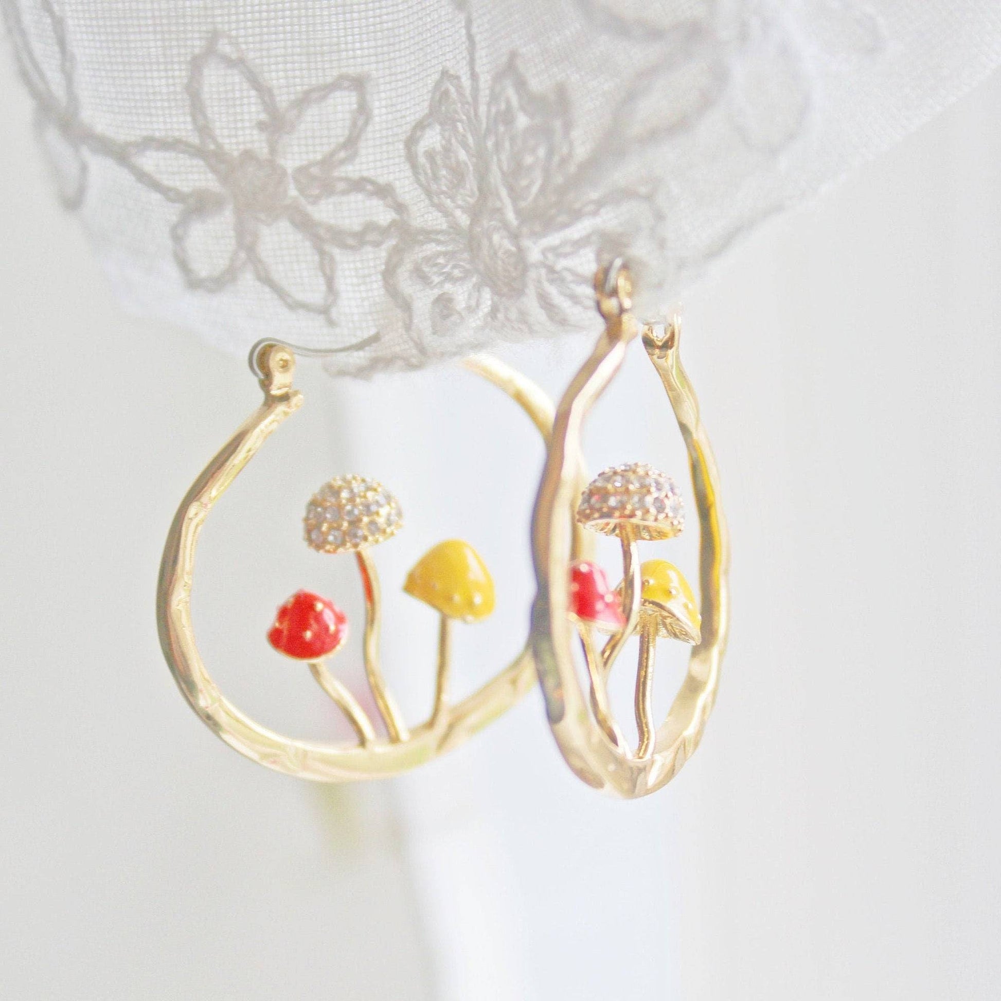 Three Mushrooms in Gold Hoop - Red Fly Agaric Good Luck Earrings-Ninaouity