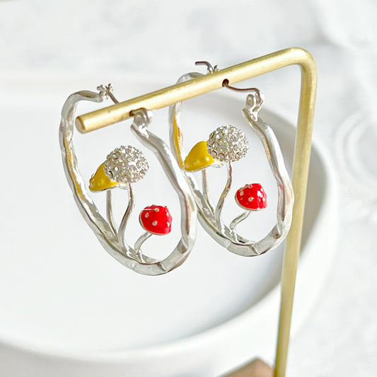 Three Mushrooms in Silver Hoop - Red Fly Agaric Good Luck Earrings-Ninaouity