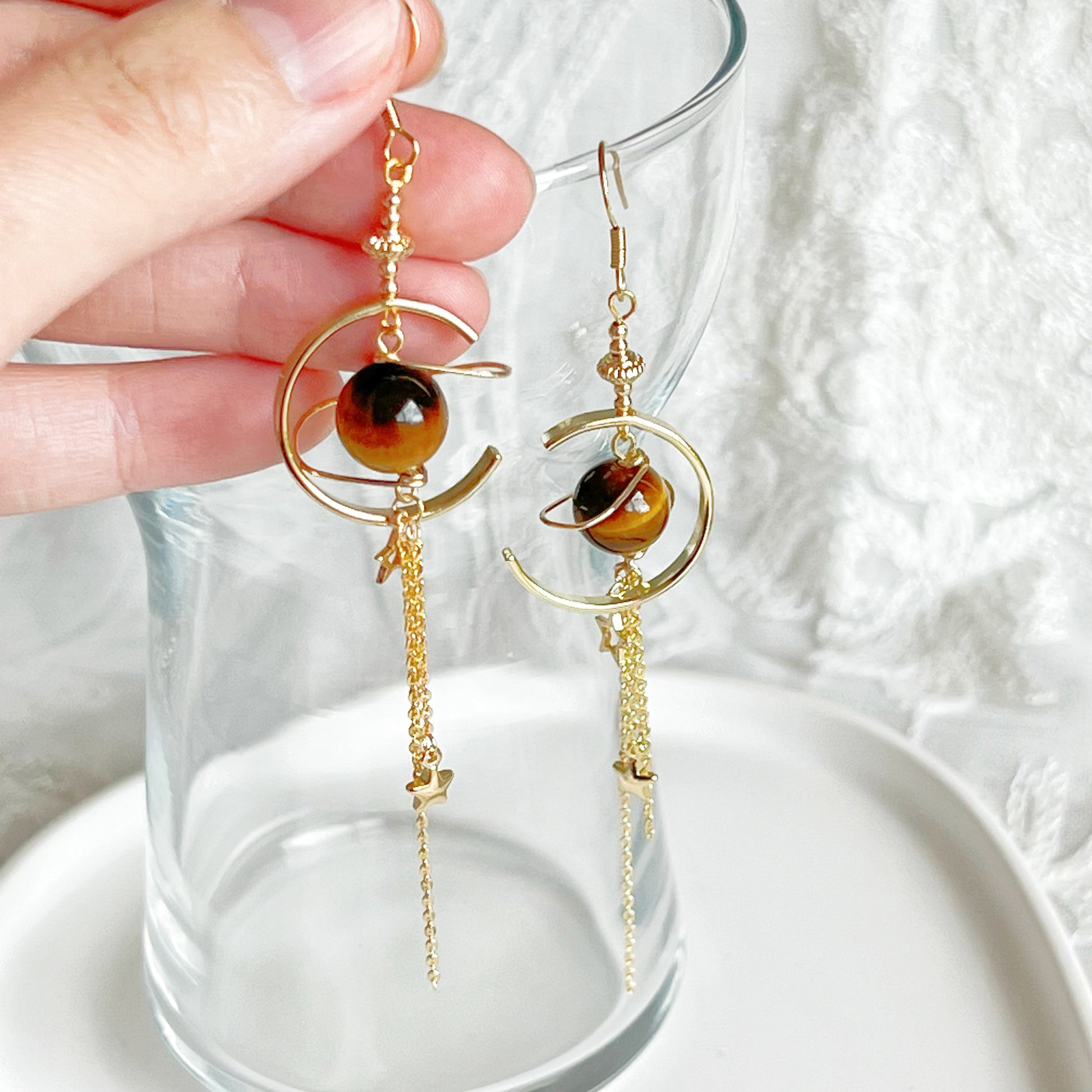 Tiger's Eye Jupiter Planet and Shooting Stars Earrings-Ninaouity