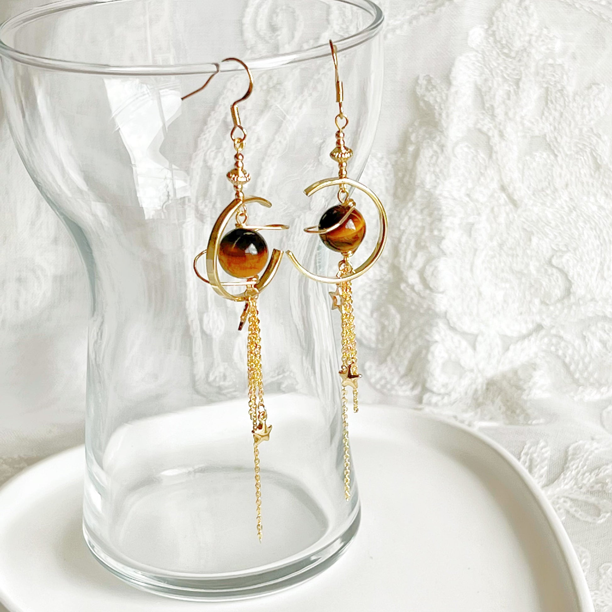 Tiger's Eye Jupiter Planet and Shooting Stars Earrings-Ninaouity
