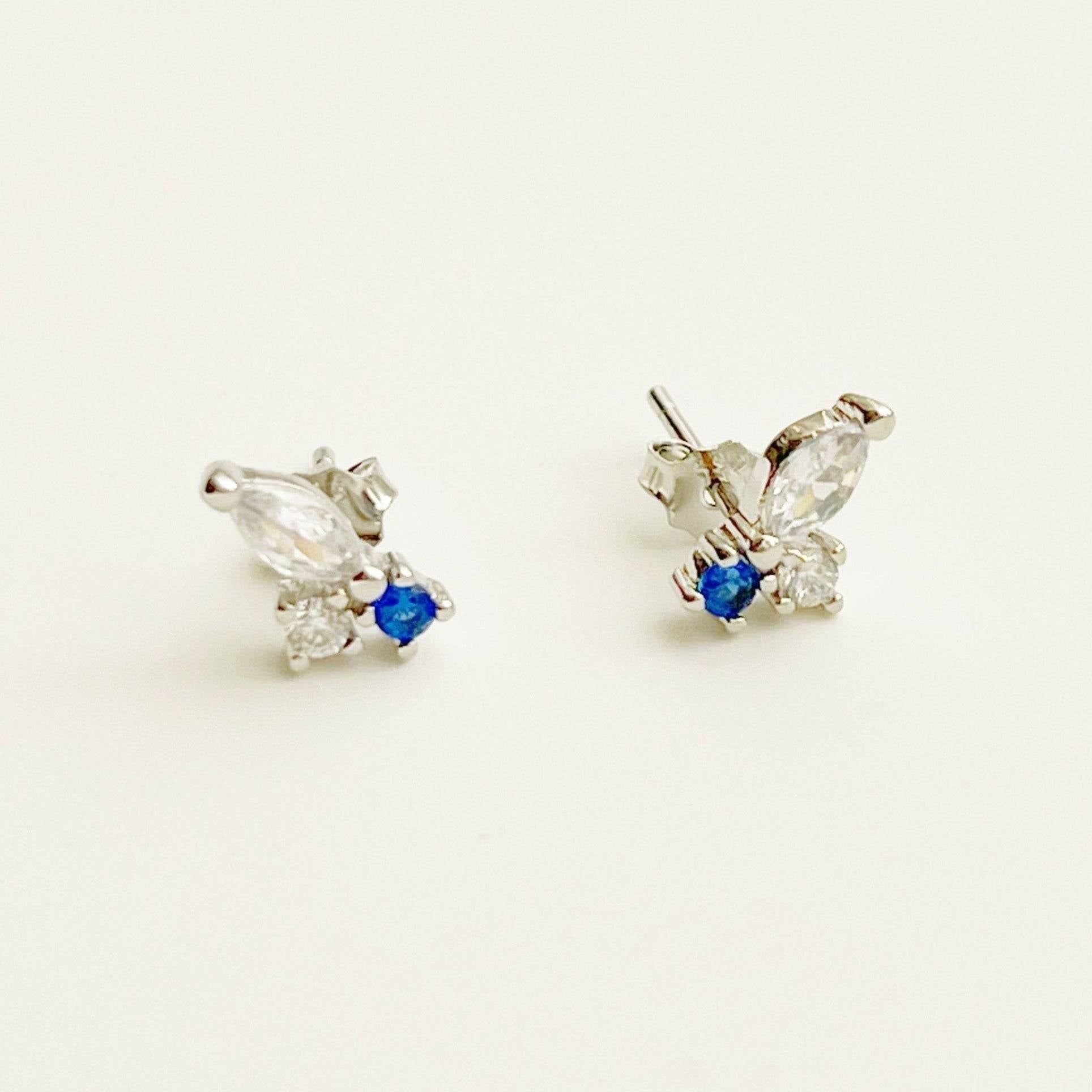 Tiny Blue Crystal Half Butterfly Earrings-Ninaouity