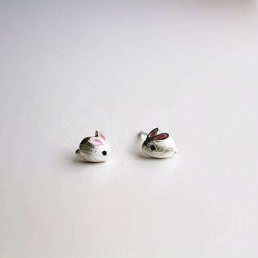 Tiny Bunny Earrings - Pink Ear Rabbits Shape Sterling Silver Earrings-Ninaouity