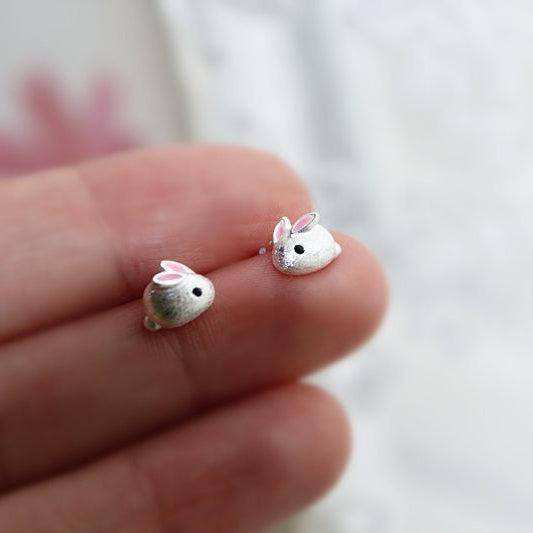 Tiny Bunny Earrings - Pink Ear Rabbits Shape Sterling Silver Earrings-Ninaouity