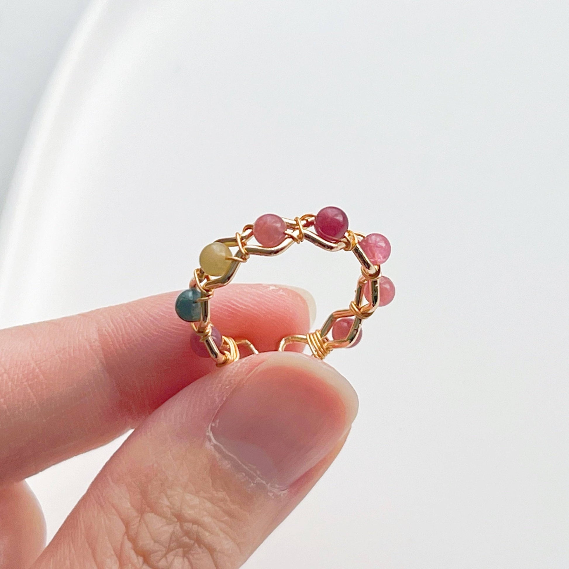 Tourmaline Beaded Ring - Rainbow Gemstone Bead Adjustable Ring - October Birthstone-Ninaouity