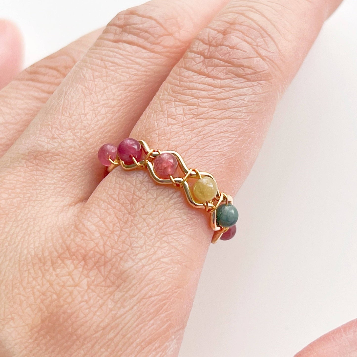 Tourmaline Beaded Ring - Rainbow Gemstone Bead Adjustable Ring - October Birthstone-Ninaouity