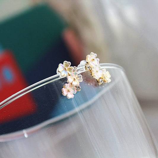 Triple Flowers Stud Earrings - Cherry Blossom Champagne Colour Earrings-Ninaouity