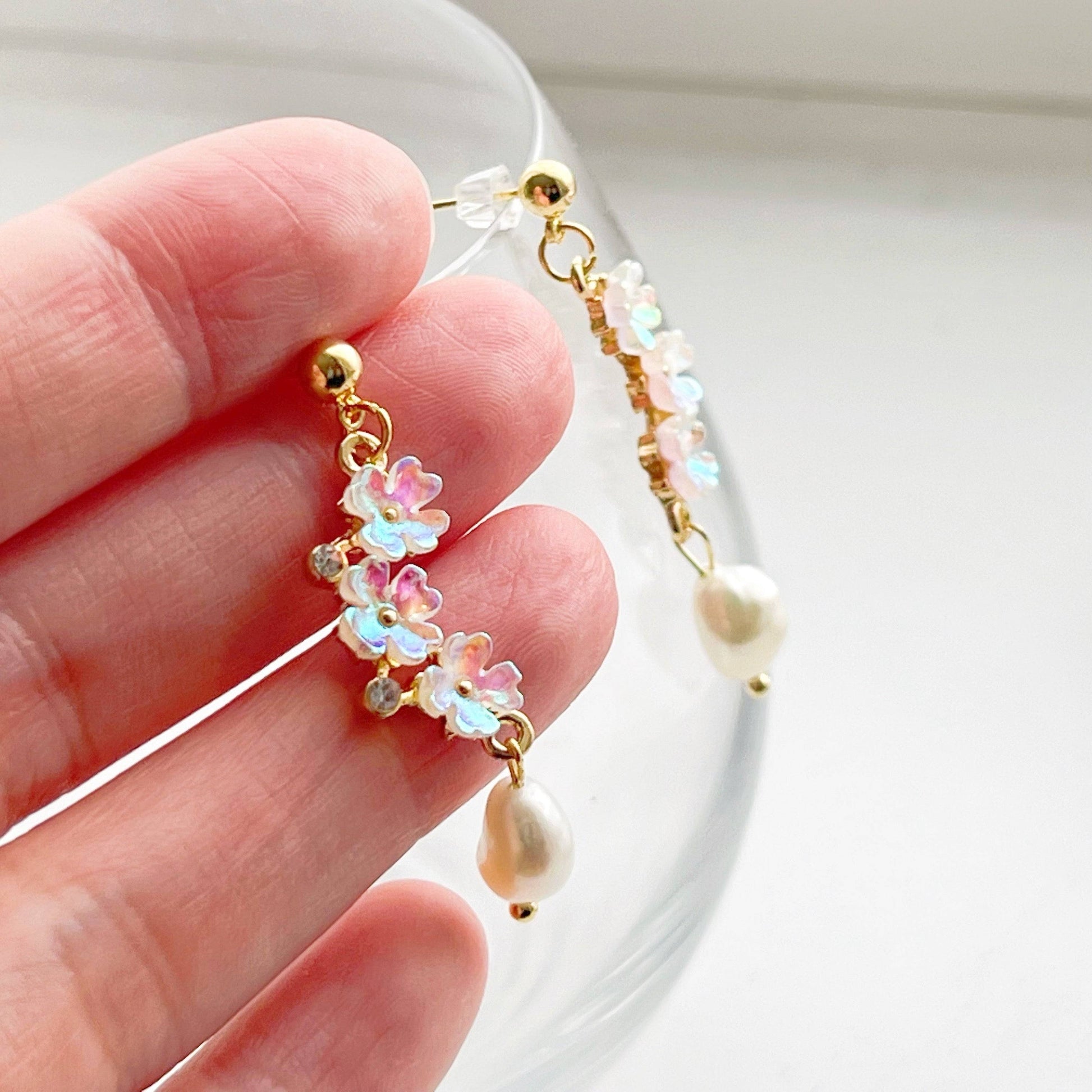 Triple Flowers with Pearl Drop Earrings - Cherry Blomson with Pearl Drop-Ninaouity