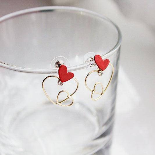 Triple Hearts Earrings - Red and Gold Heart Stud Earrings-Ninaouity