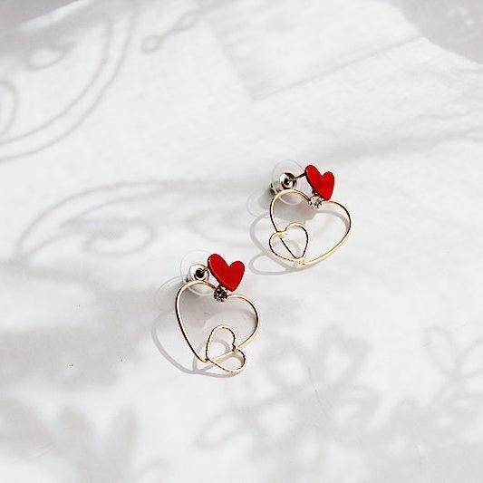 Triple Hearts Earrings - Red and Gold Heart Stud Earrings-Ninaouity