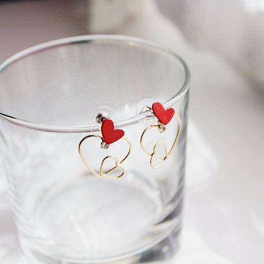 Triple Hearts Earrings - Red and Gold Heart Stud Earrings-Ninaouity