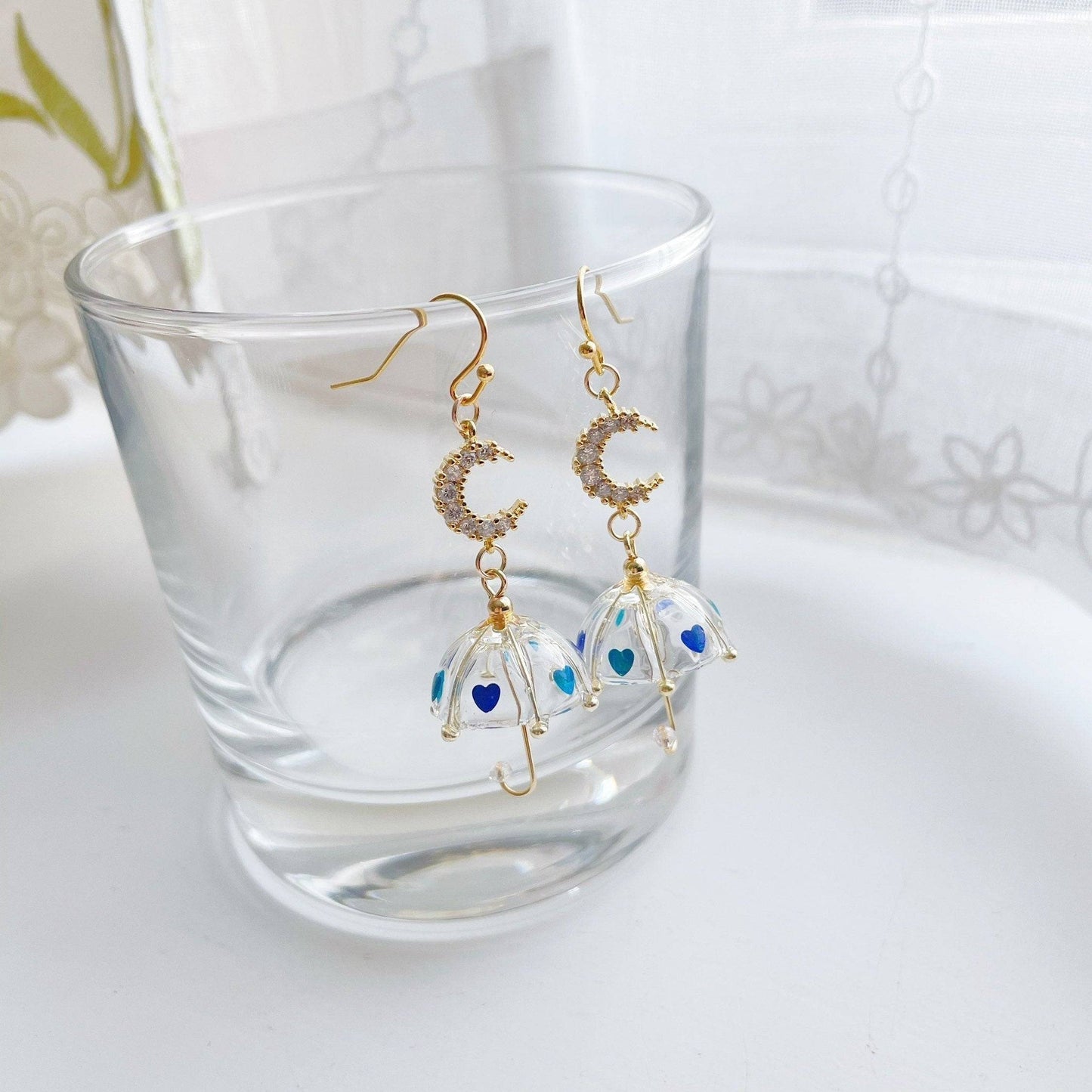 Umbrella Earrings - Moon on Rainy Days with Royal Blue Heart Confetti Mini Umbrella Earrings - Sterling Silver Ear Wire - free gift box-Ninaouity