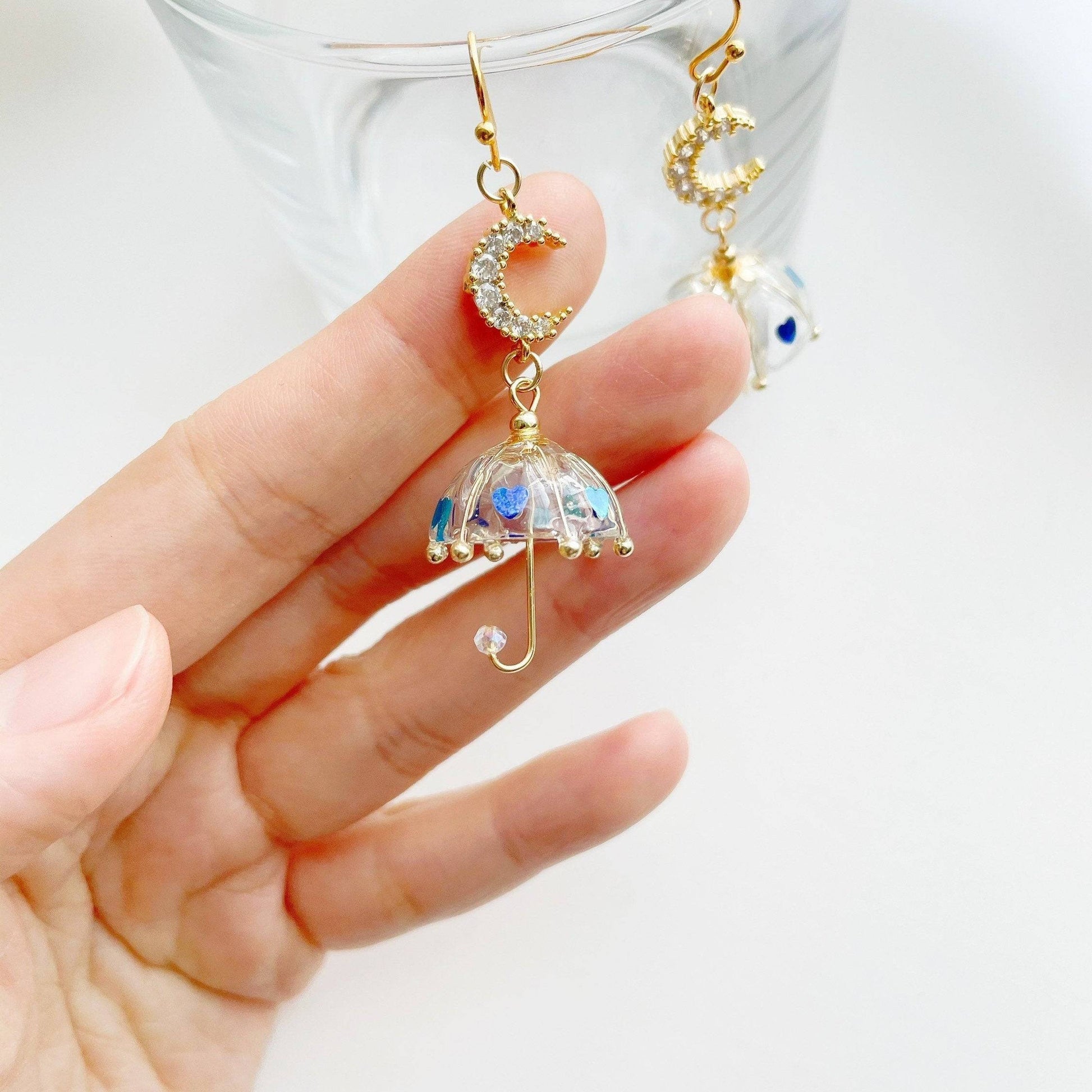 Umbrella Earrings - Moon on Rainy Days with Royal Blue Heart Confetti Mini Umbrella Earrings - Sterling Silver Ear Wire - free gift box-Ninaouity