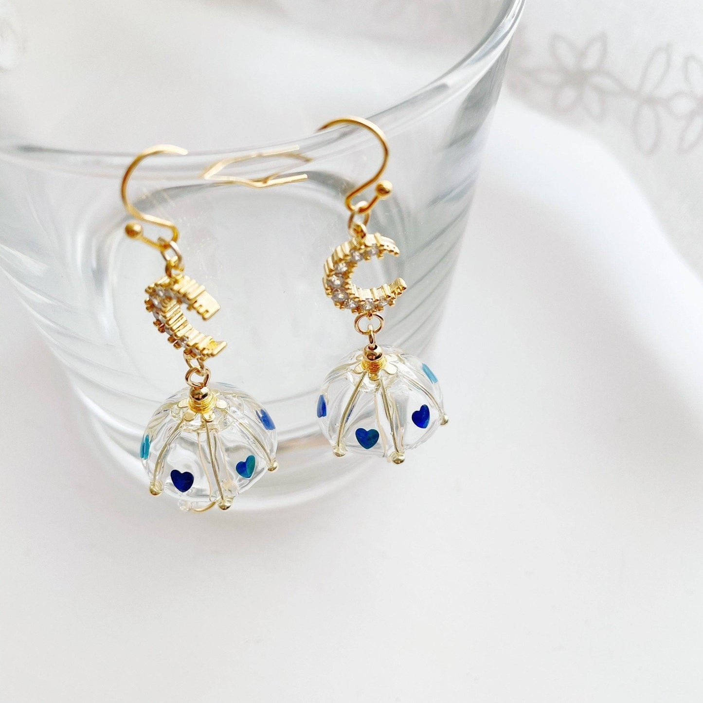 Umbrella Earrings - Moon on Rainy Days with Royal Blue Heart Confetti Mini Umbrella Earrings - Sterling Silver Ear Wire - free gift box-Ninaouity