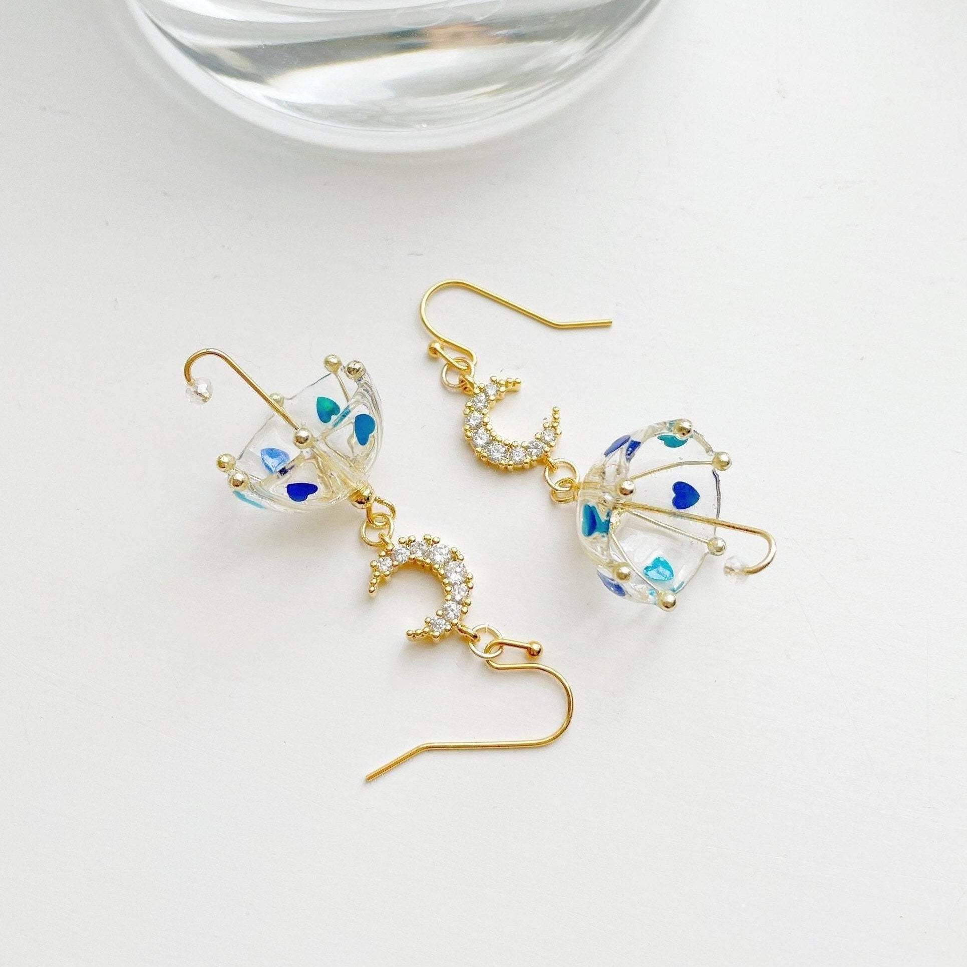 Umbrella Earrings - Moon on Rainy Days with Royal Blue Heart Confetti Mini Umbrella Earrings - Sterling Silver Ear Wire - free gift box-Ninaouity
