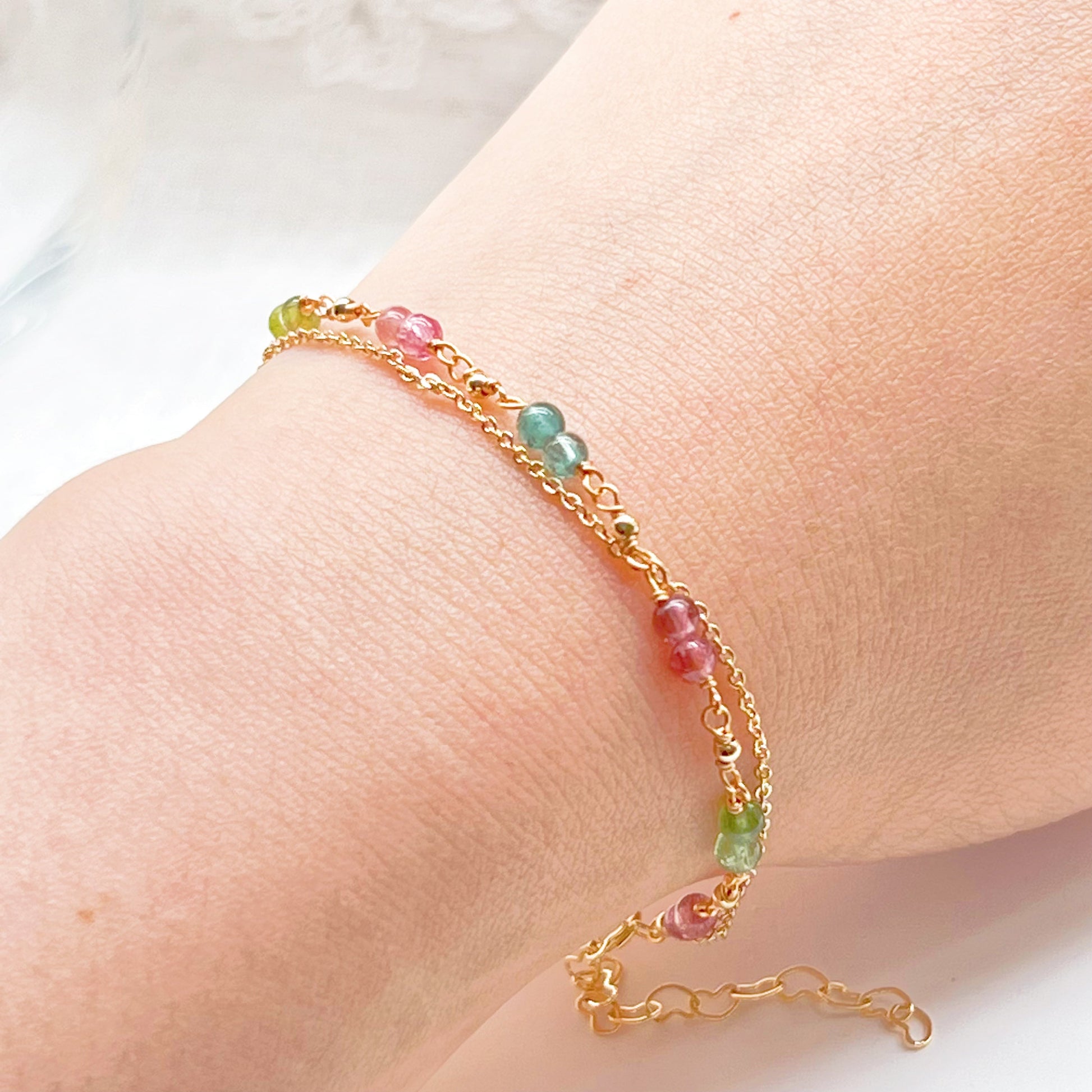 Watermelon Tourmaline Double Chain Bracelet-Ninaouity