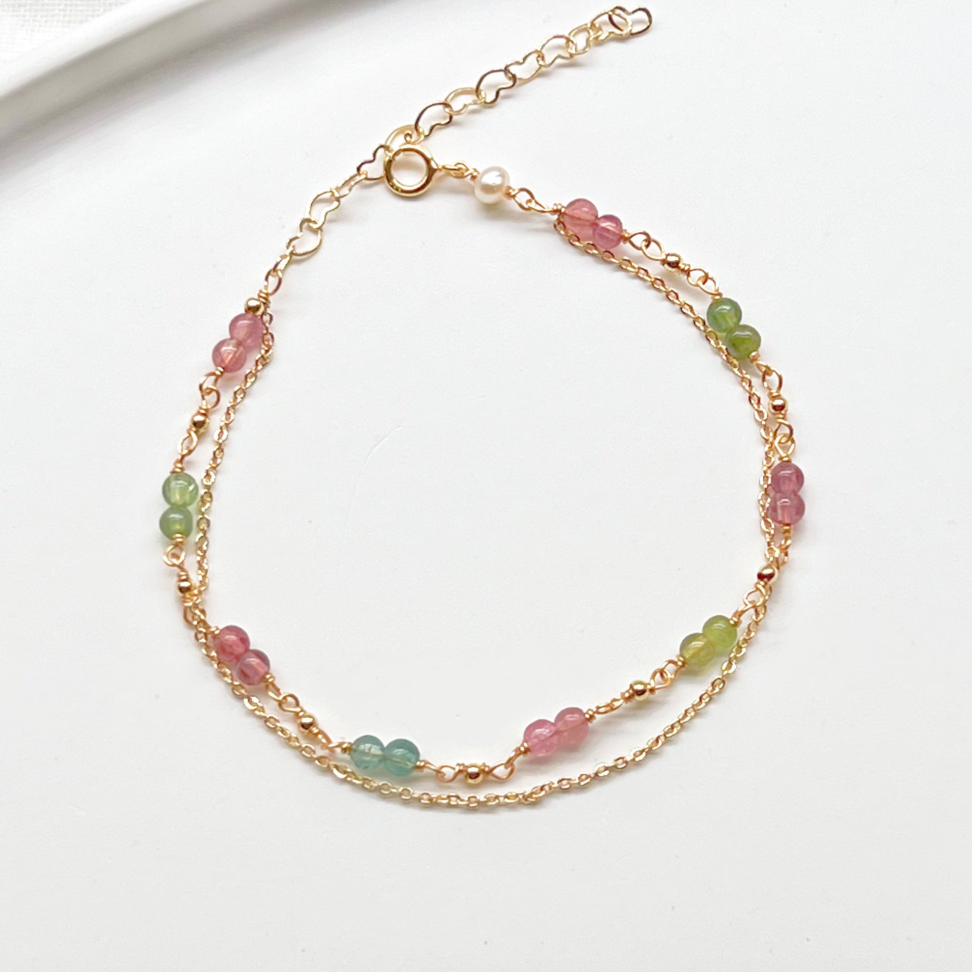 Watermelon Tourmaline Double Chain Bracelet-Ninaouity