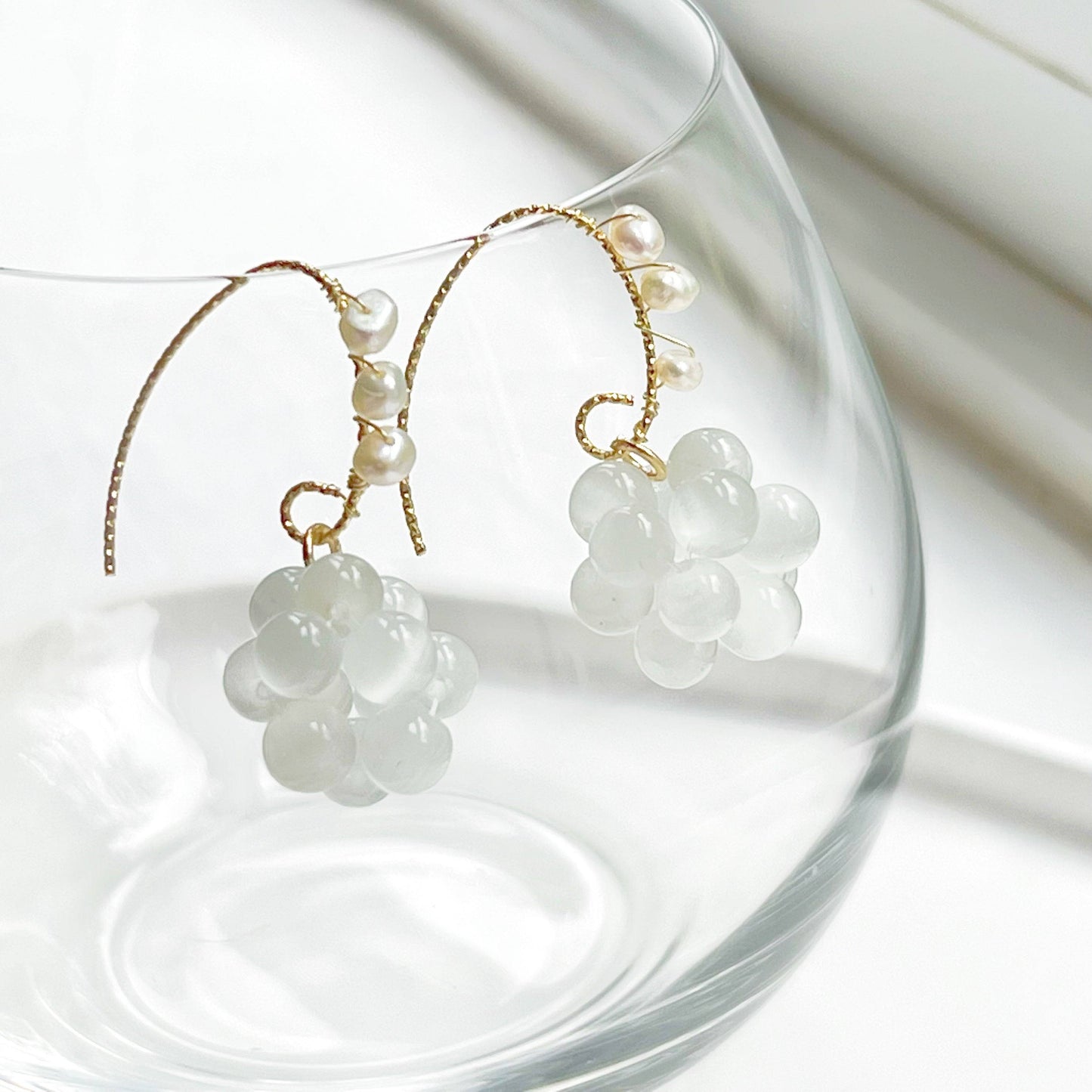 White Cats Eye Stone Beads and Pearls Drop Earrings-Ninaouity