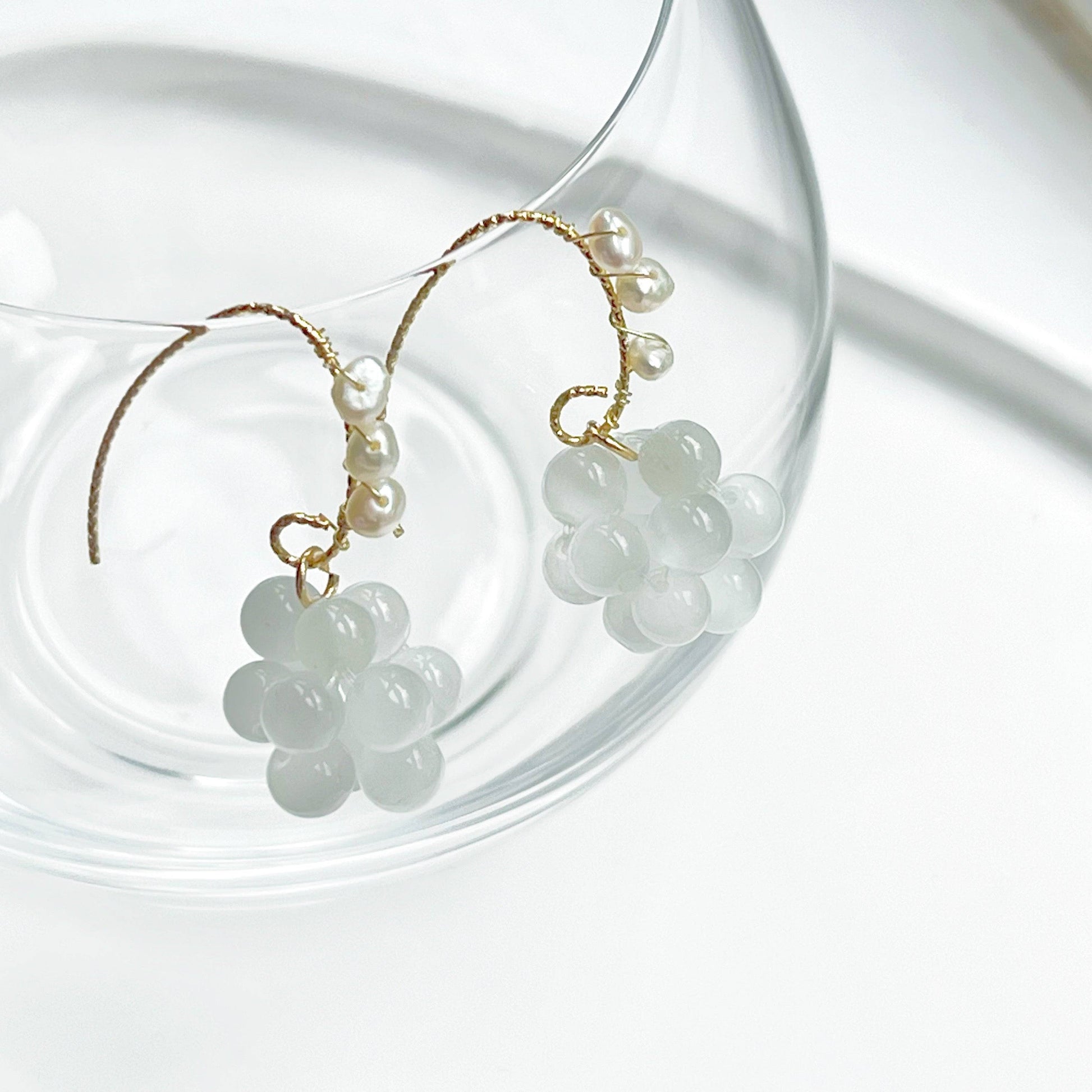 White Cats Eye Stone Beads and Pearls Drop Earrings-Ninaouity
