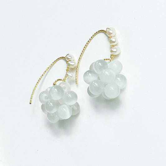 White Cats Eye Stone Beads and Pearls Drop Earrings-Ninaouity