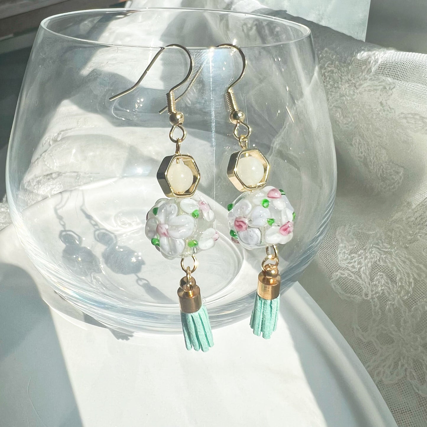 White Hydrangea Flower Craft Glass Bead Earrings-Ninaouity