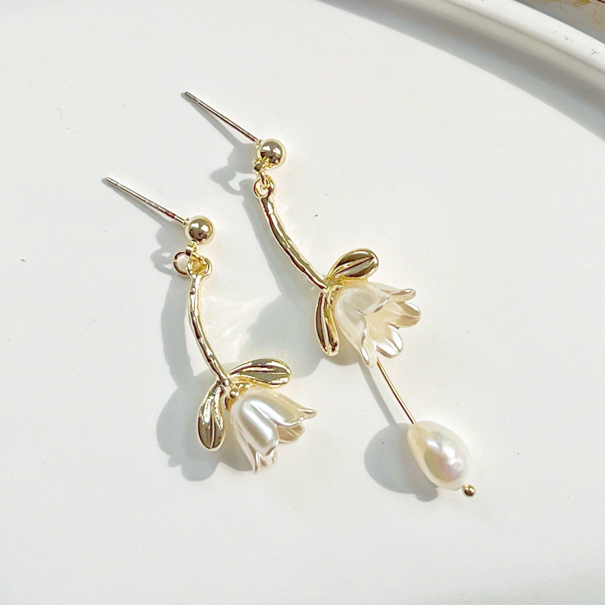 White Lily of the Valley Earrings - Bell Shape Flower with Pearl Drop Earrings-Ninaouity