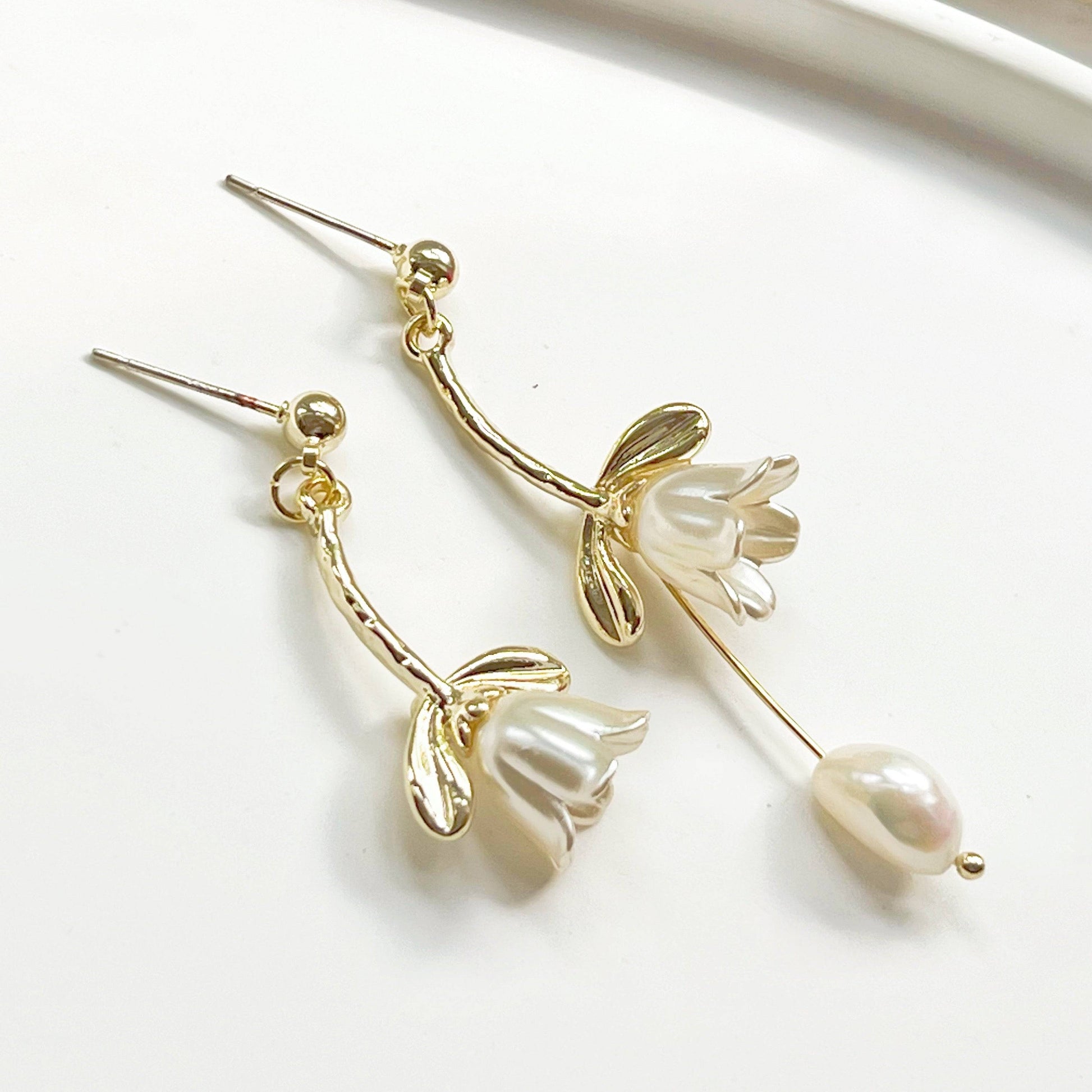 White Lily of the Valley Earrings - Bell Shape Flower with Pearl Drop Earrings-Ninaouity
