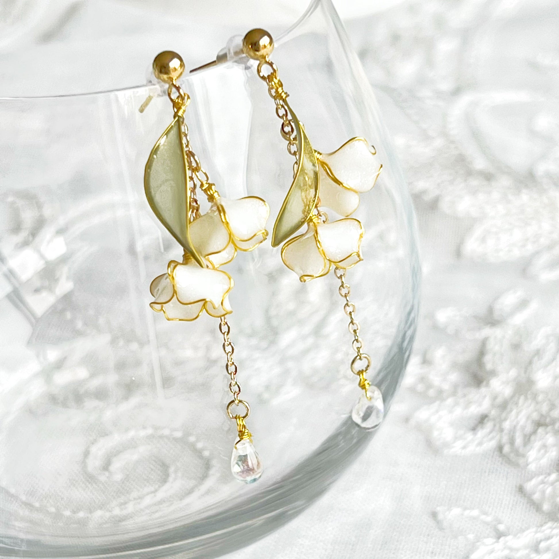 White Lily of the Valley Flower with Leaves Earrings-Ninaouity
