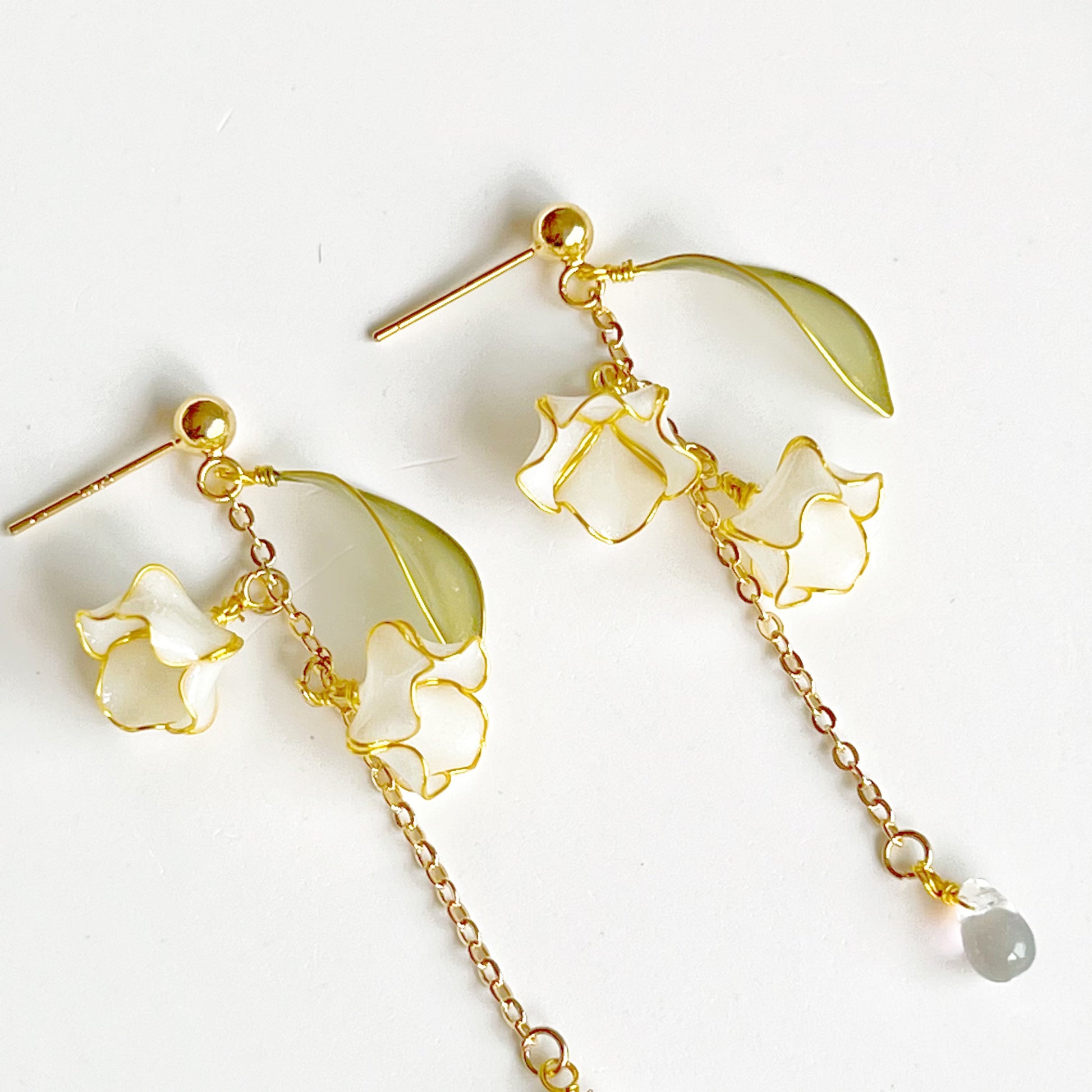 White Lily of the Valley Flower with Leaves Earrings-Ninaouity