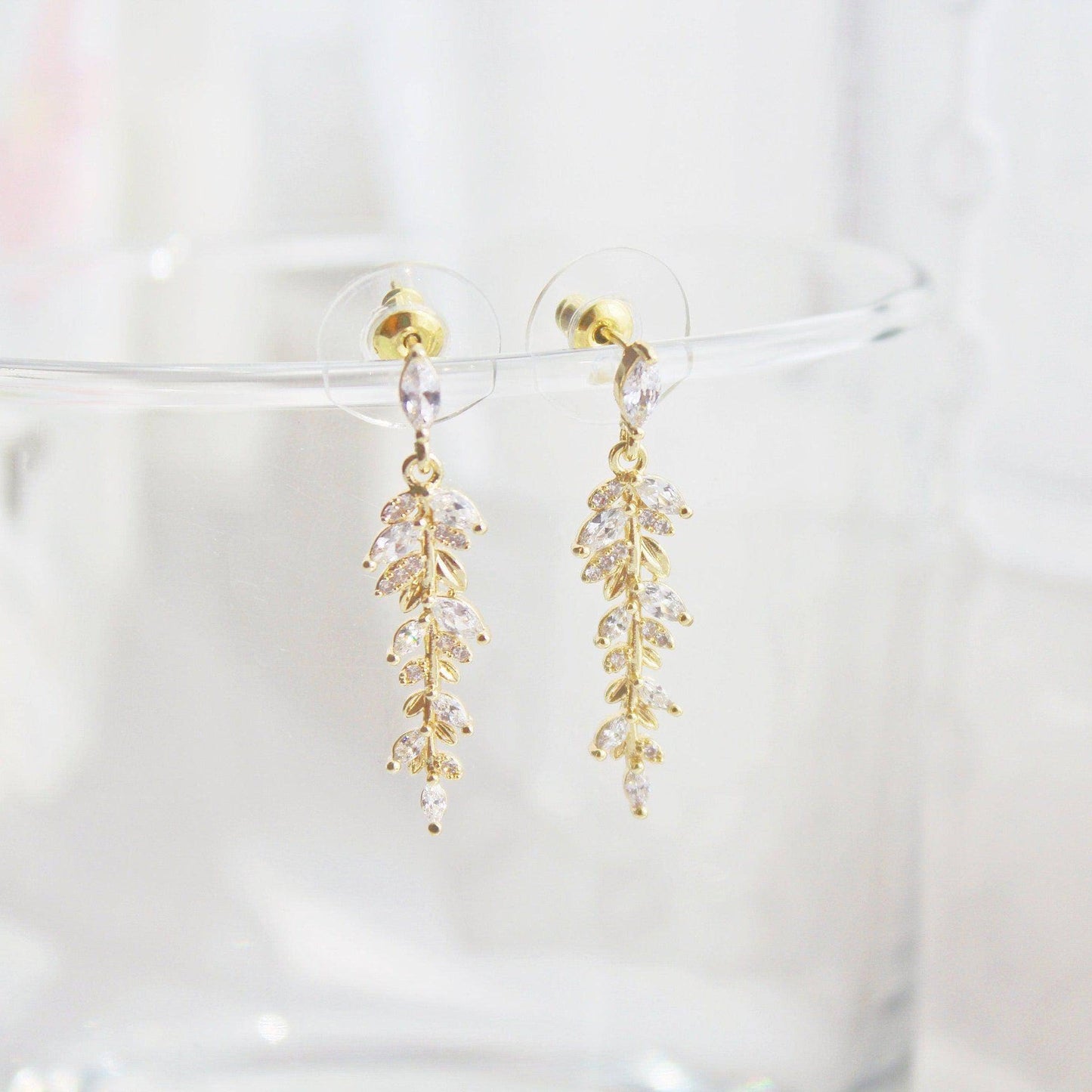 Willow Earrings - Gold and Crystal Leaf Dangle Drop Earrings-Ninaouity