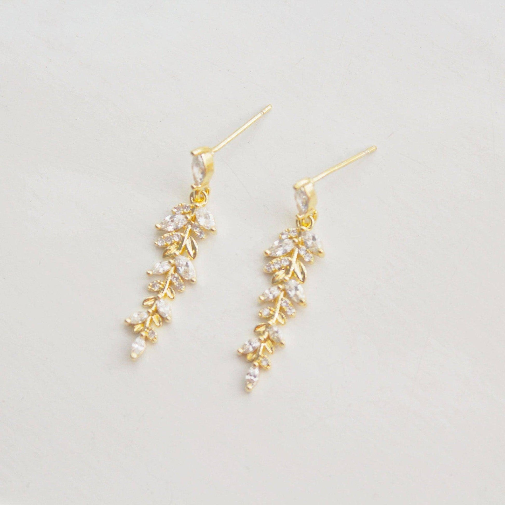 Willow Earrings - Gold and Crystal Leaf Dangle Drop Earrings-Ninaouity