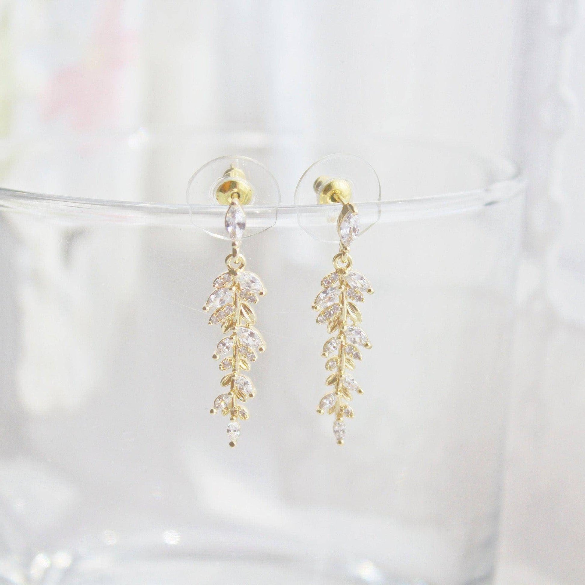 Willow Earrings - Gold and Crystal Leaf Dangle Drop Earrings-Ninaouity