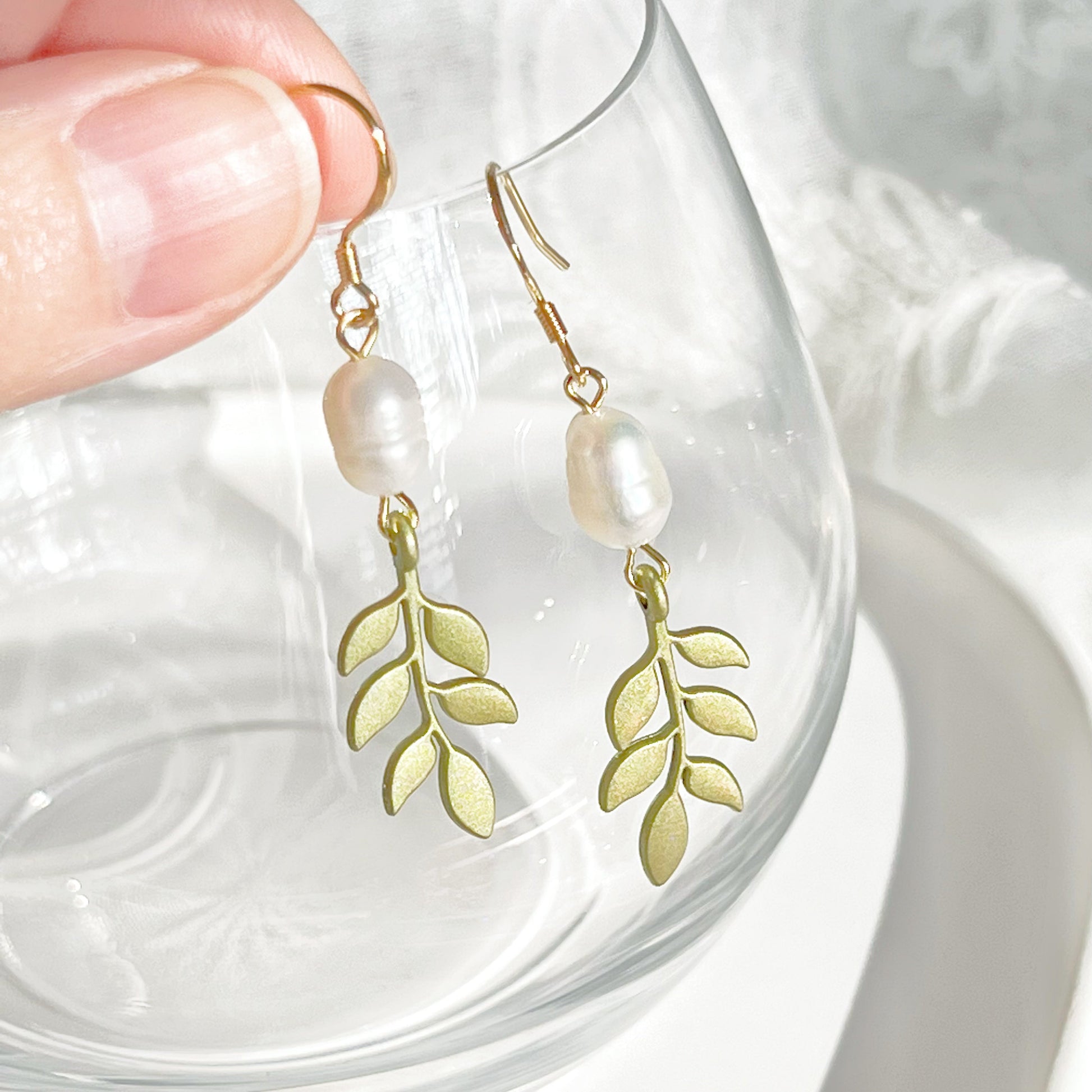 Willow Leaf and Freshwater Pearl Earrings-Ninaouity