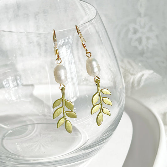 Willow Leaf and Freshwater Pearl Earrings-Ninaouity