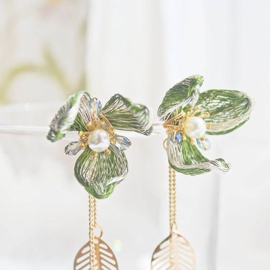 Wire Magnolia Flower Drop Earrings-Ninaouity