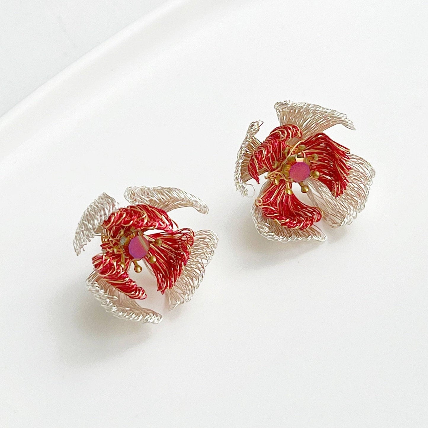 Wired Red Camellia Flower Earrings-Ninaouity