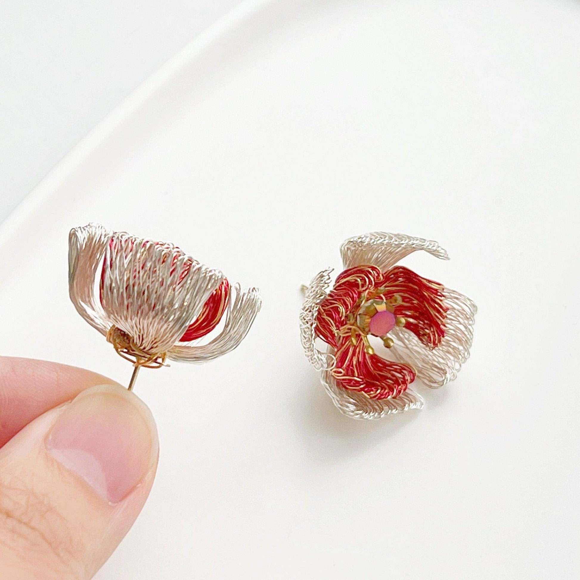 Wired Red Camellia Flower Earrings-Ninaouity