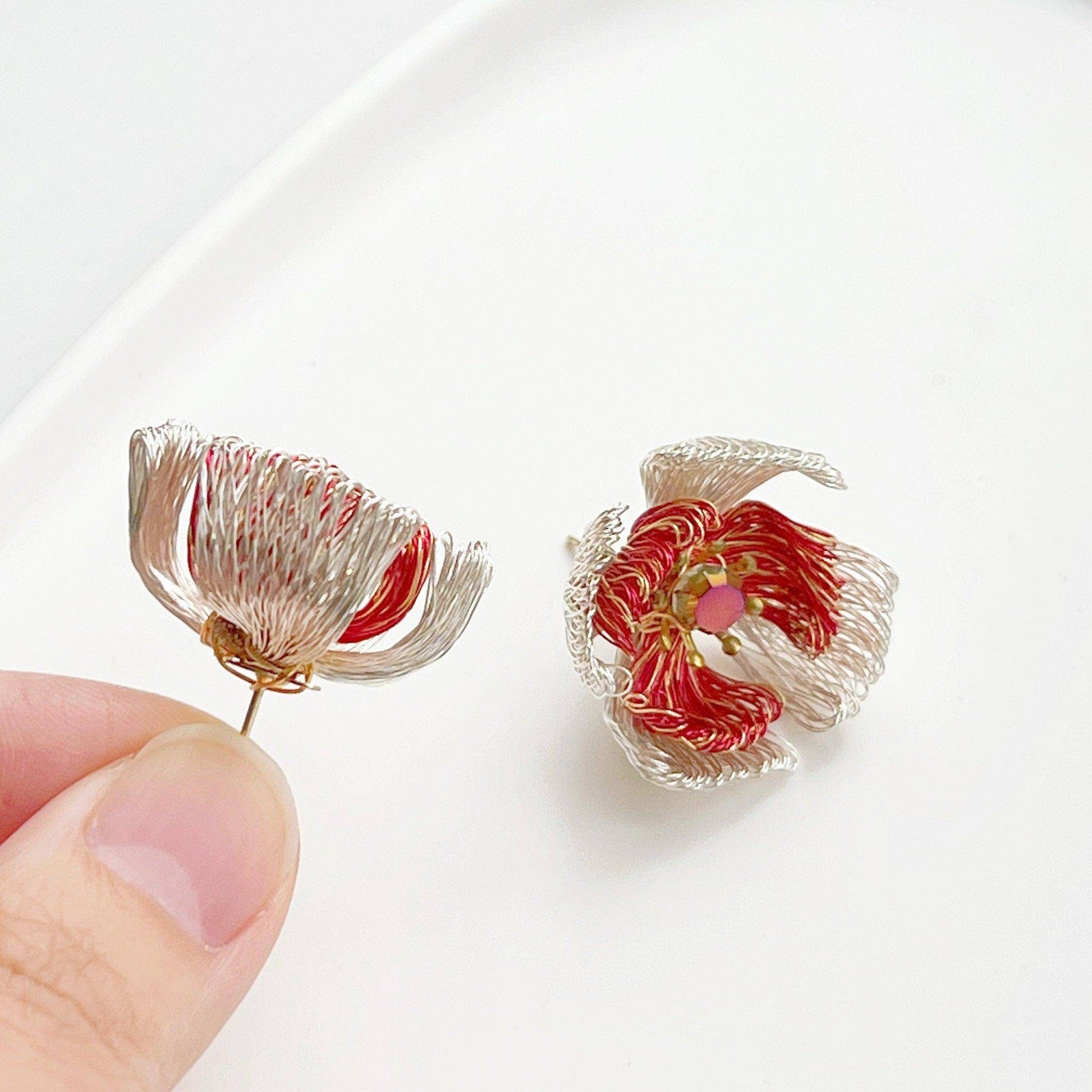 Wired Red Camellia Flower Earrings-Ninaouity