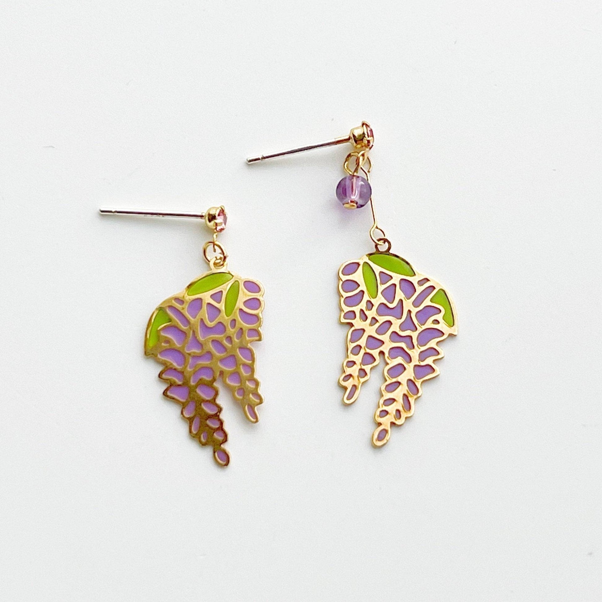 Wisteria Earrings - Purple Flower with Leaves Little Drop Earrings-Ninaouity