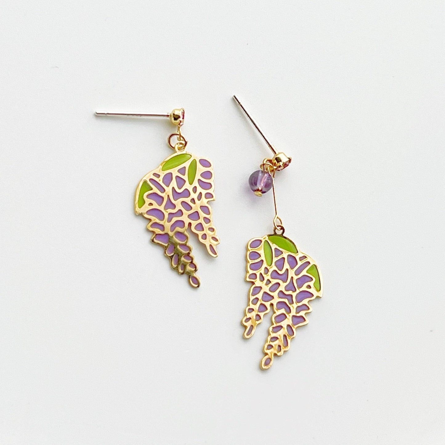Wisteria Earrings - Purple Flower with Leaves Little Drop Earrings-Ninaouity