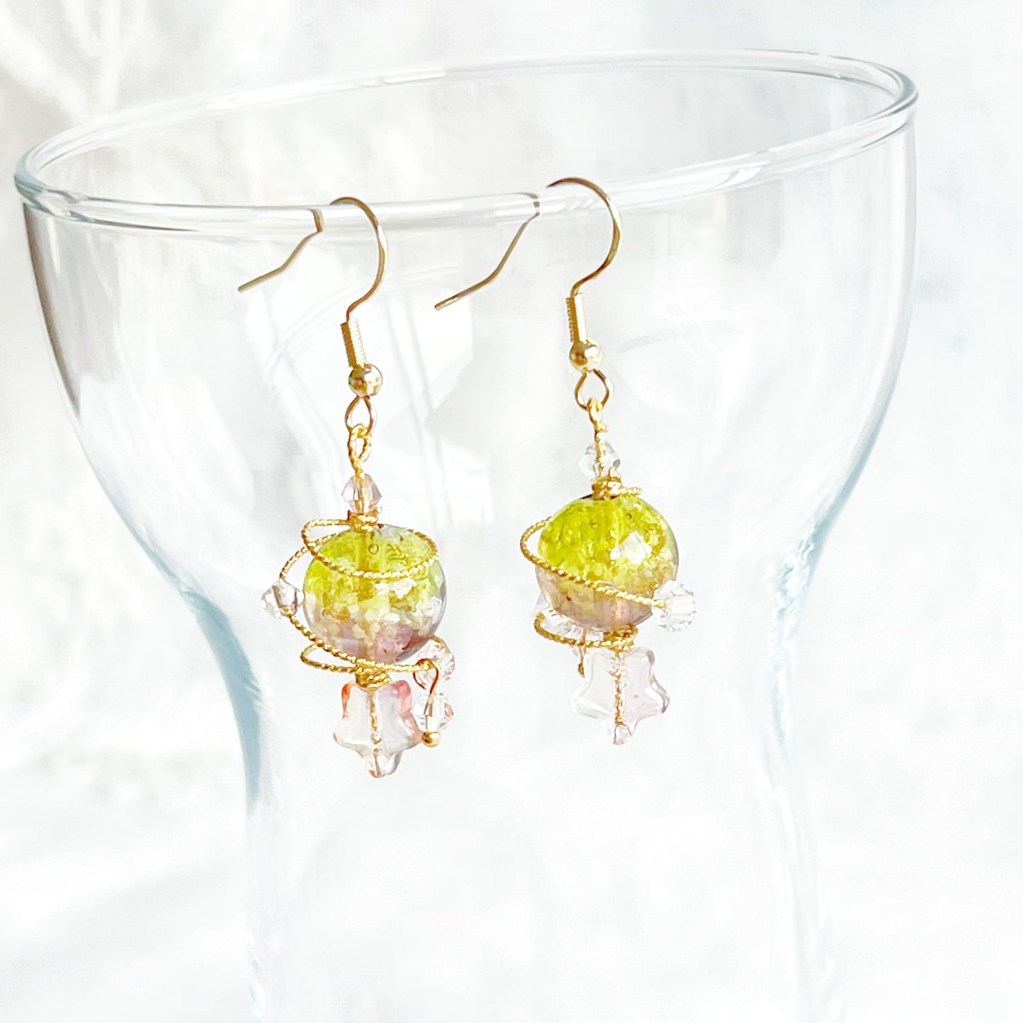 Yellow Planet Venus Earrings - Yellow and Pink Orb with Star Drop Earrings-Ninaouity
